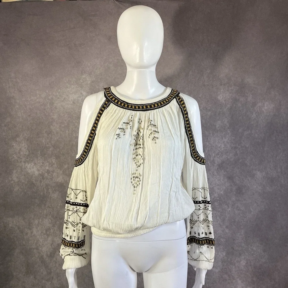 Free People Cold Shoulder Blouse Womens XS White Beaded Embroidered Boho Top